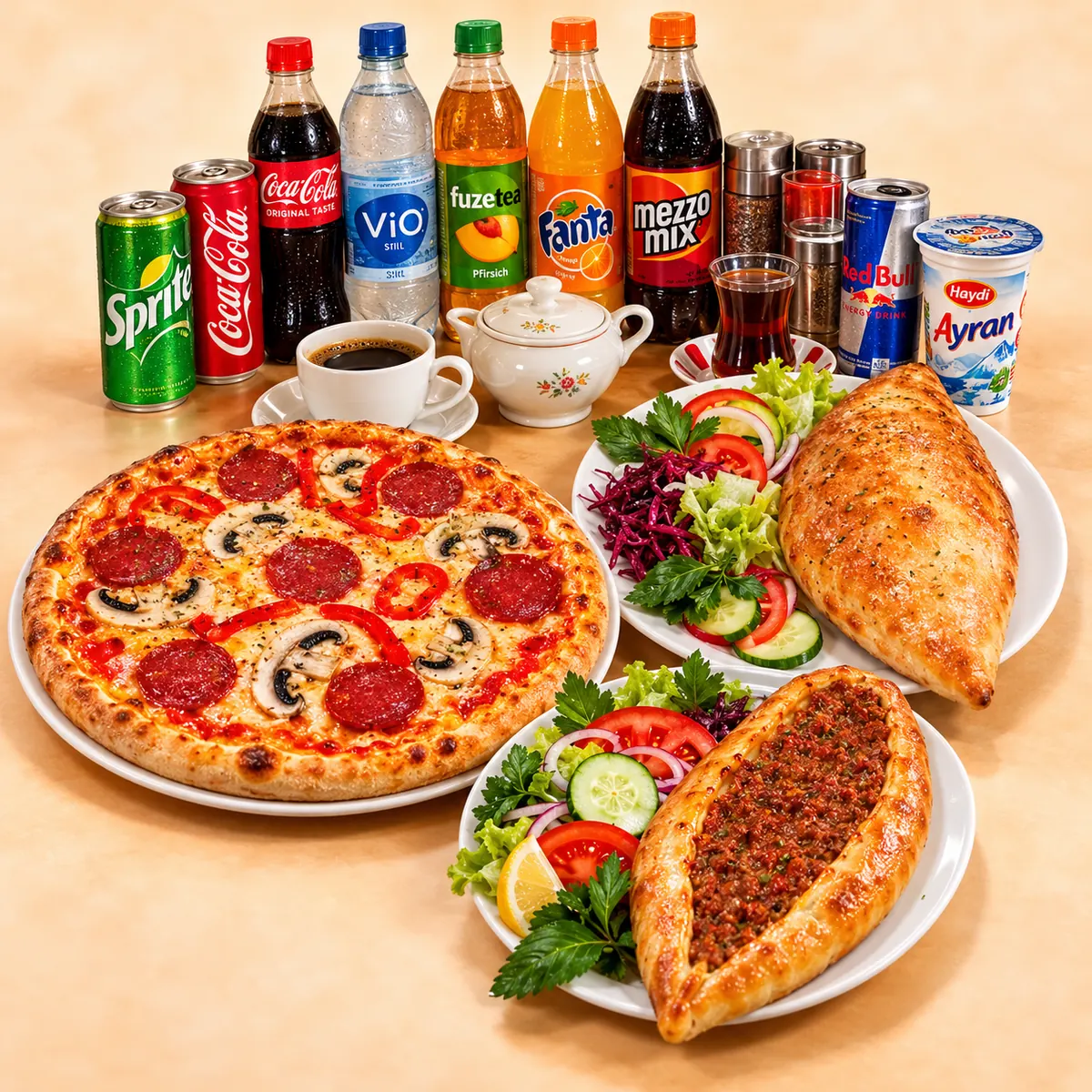 Pizza, Pide, Seele, Salat und viele Getränke auf einem Tisch
