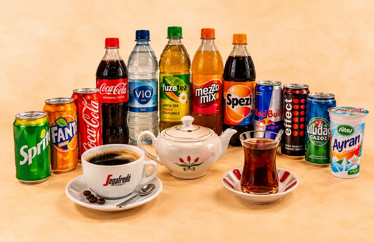 Auswahl an Getränken mit Cola, Fanta, Sprite, Ayran, Kaffee und türkischem Tee