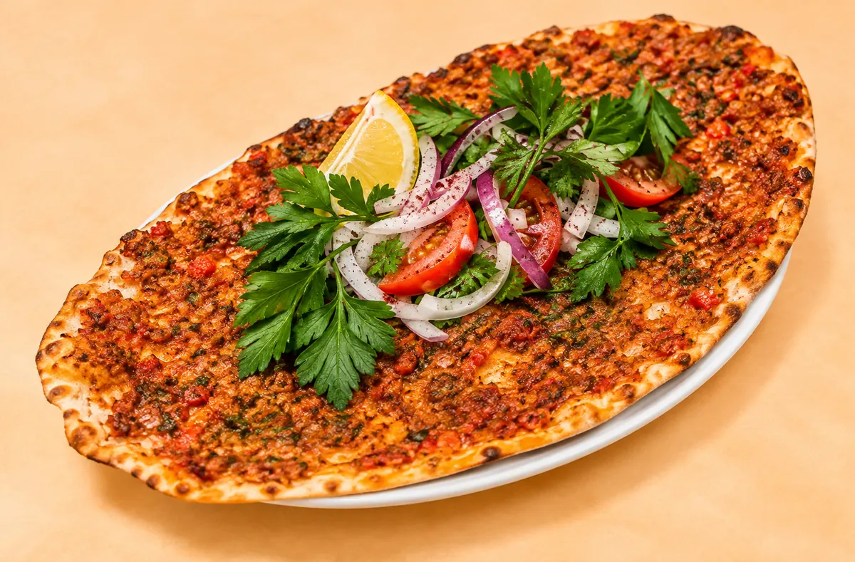 Gerolltes Lahmacun mit Salat, Zitrone und Petersilie