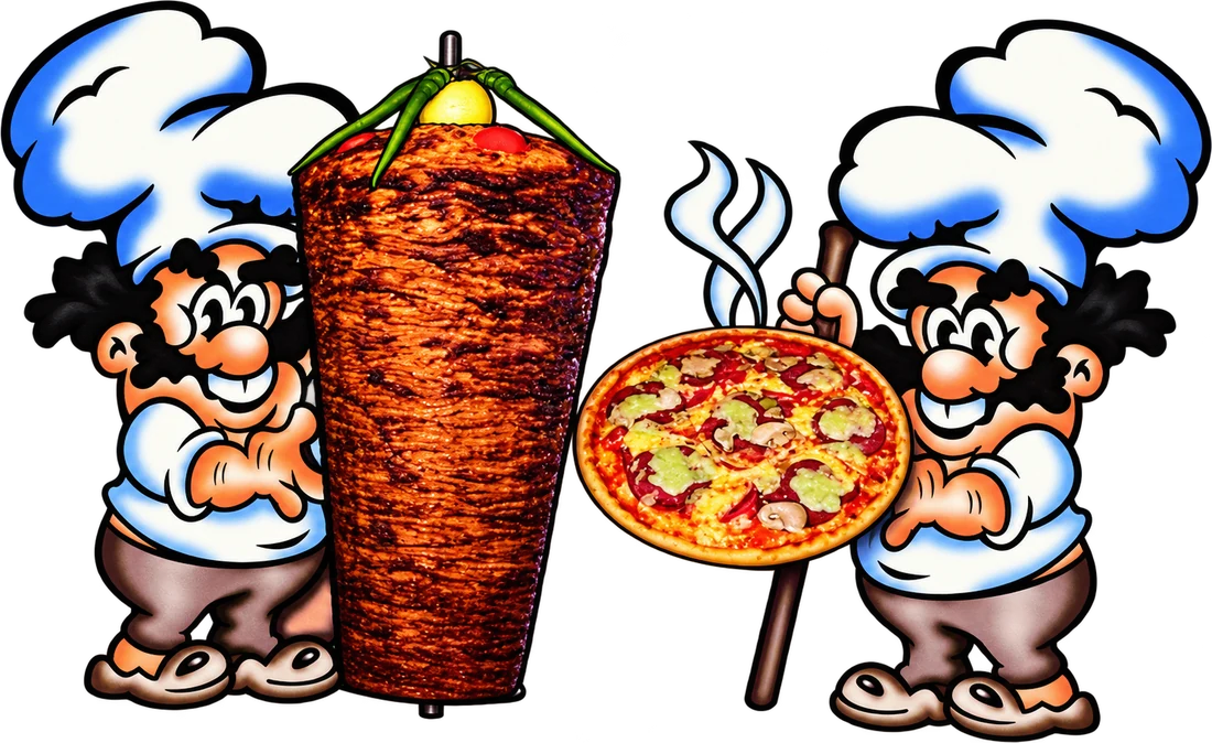 Die beiden Dostlar-Köche: einer mit Dönerspieß, einer mit frischer Pizza