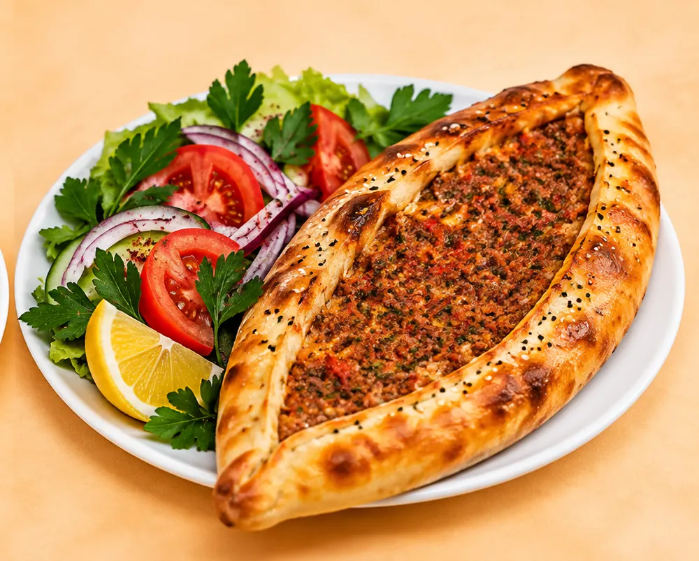 Pide mit Hackfleisch, Salat und Zitrone auf einem Teller