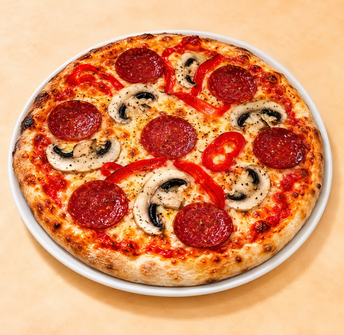 Pizza mit Salami, Champignons und Paprika