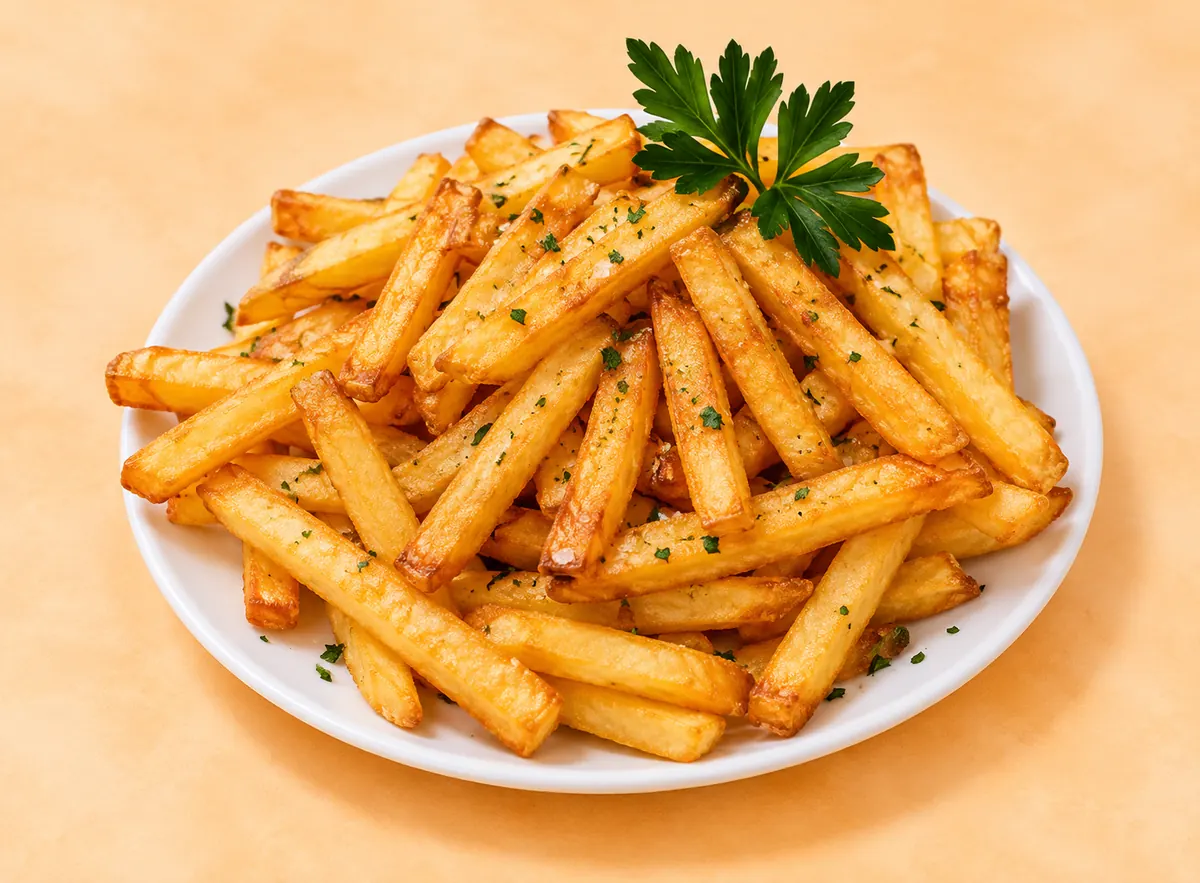 Goldgelbe Pommes mit Petersilie auf einem Teller