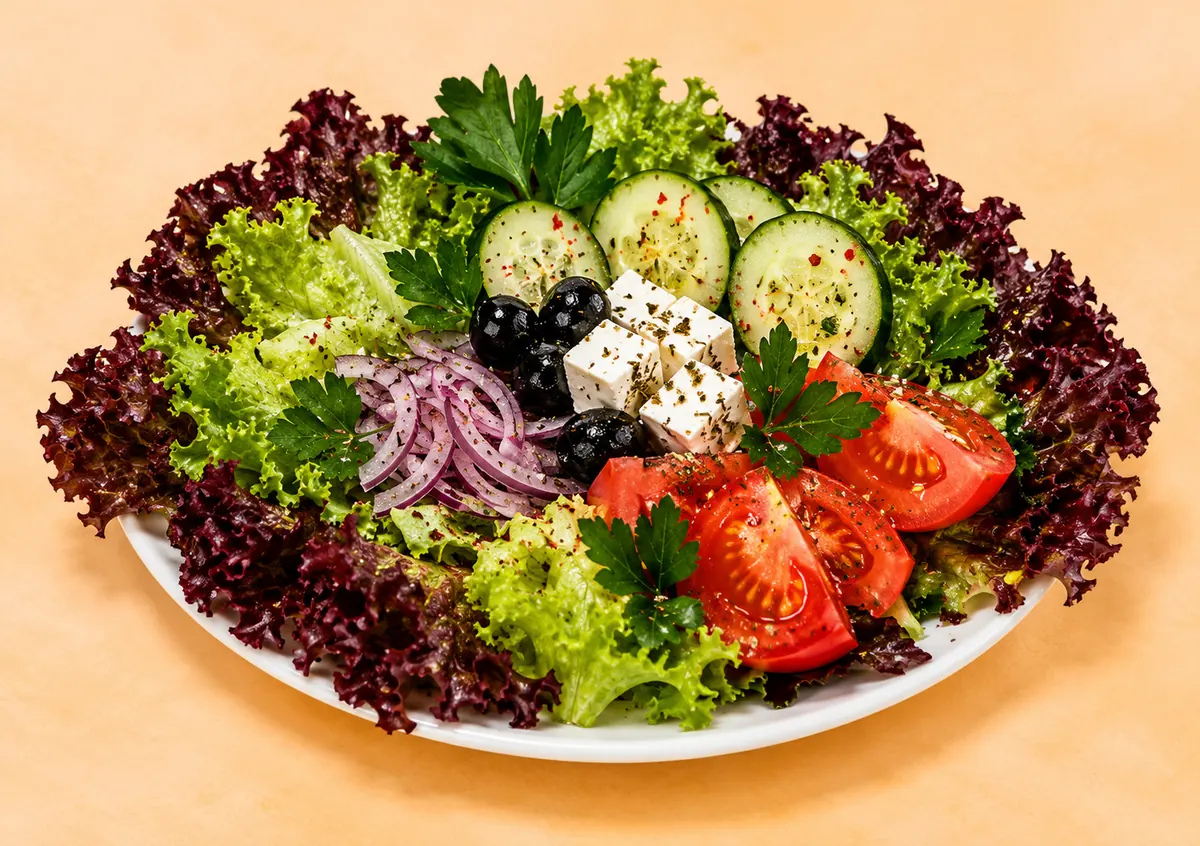 Bunter Salatteller mit Feta, Oliven, Tomaten und Gurke